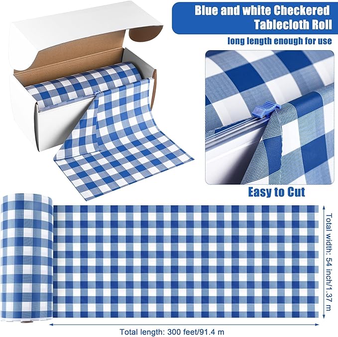 54 Inch x 300 Ft Blue Checkered Plastic Table Cloth Roll Disposable Waterproof Table Cover Plastic Table Cover Roll with Easy Slide Cutter for Outdoor Picnic/Home Dining/Spring Party