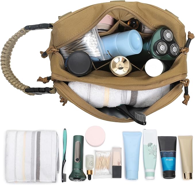 Tactical Toiletry Bag for Men Dry Wet Separate Dopp Kit Travel Hygiene Bag EDC Utility Tool Molle Pouch Mens Shaving Kit Travel shower Bags (Khaki)