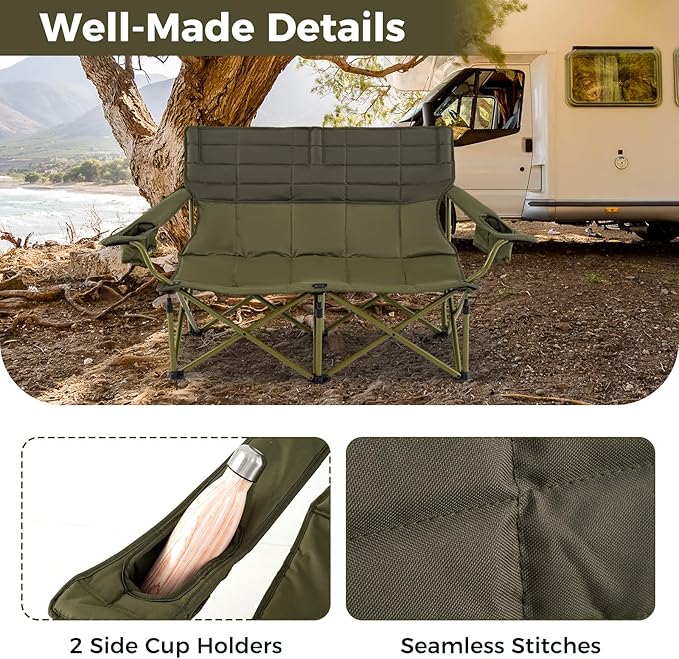 Tangkula 2 Person Oversized Camping Chair, Fully Padded Folding Loveseat Camp Chair with Adjustable Armrests, Cup Holders, Carrying Bag, Portable Double Outdoor Lawn Chair for Camping