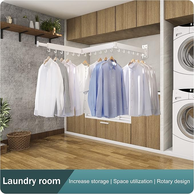 Wall Mounted Clothes Drying Rack, Collapsible, Folding, Retractable - Clothes Hanging Rack (Hooks, White)