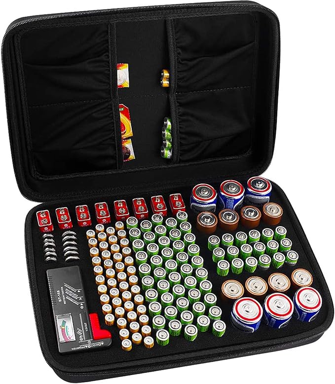Comecase Hard Battery Organizer Storage Box, Carrying Case Bag Holder - Holds 148 Batteries AA AAA C D 9V - with Battery Tester BT-168 (Batteries are Not Included)