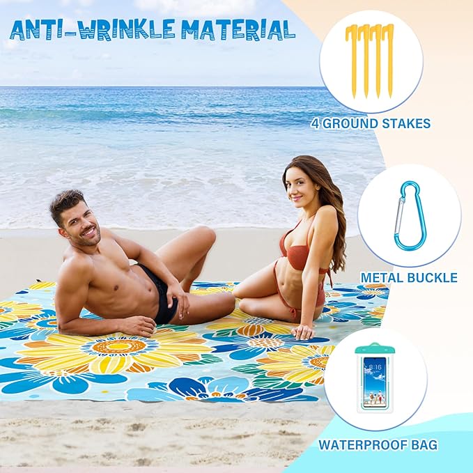 Beach Blanket Waterproof Sandproof 1-7 Adult Oversized 78 '' × 81 '' Lightweight Durable Compact Sand Free Beach Mat for Travel Camping Hiking Picnic Blanket Extra Large