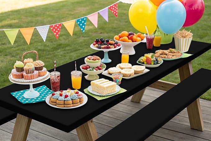 Smiry Picnic Table Cover with Bench Covers, Waterproof Elastic Fitted Polyester Tablecloths for 8 Ft Rectangle Tables, Washable Windproof Tablecloth for Camping, RV & Outdoor (Black, 30x96 Inches)