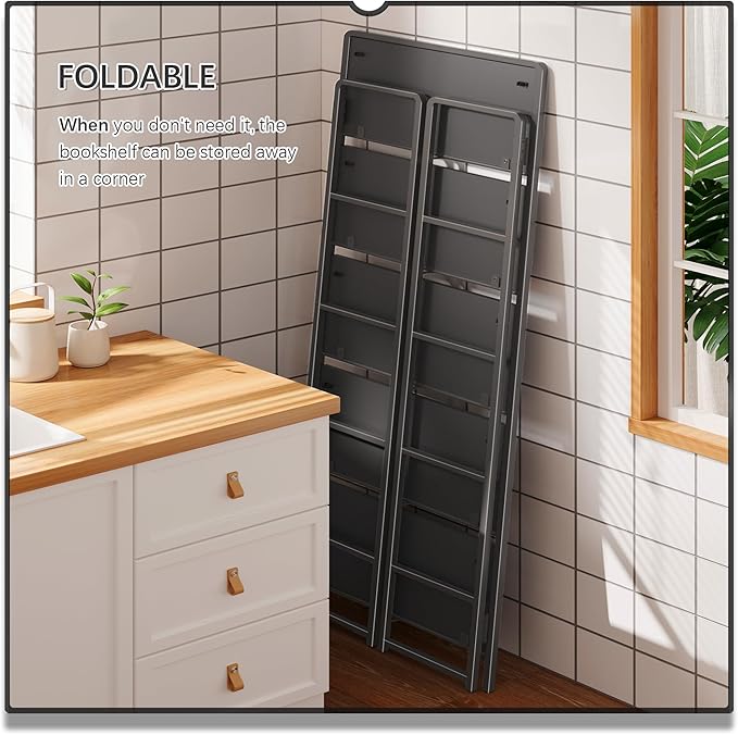 4NM No-Assembly 5 Tiers Folding Bookshelf Storage Shelves Vintage Bookcase Standing Racks Study Organizer Home Office (All Black)