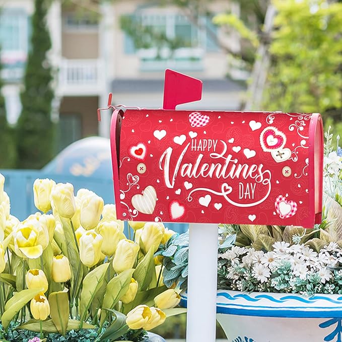 Happy Valentine's Mailbox Covers Magnetic Standard Size 21x18 Inch Romantic Red Love Heart Decorative Letter Box Wraps Sweet Holiday Anniversary Mail Box Post Cover for Home Outdoor Garden Decor