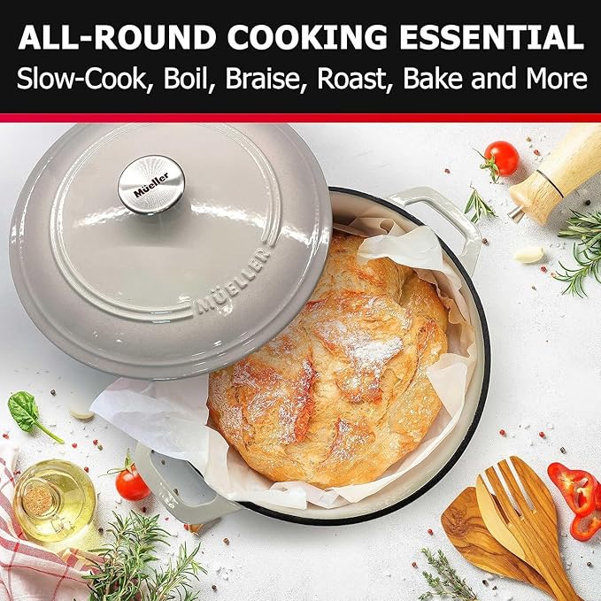 MÜELLERHOME 7.5 QT Enameled Cast Iron Dutch Oven, Heavy-Duty Casserole Dish and Braiser Pan with Lid and Stainless Knob, Oven-Safe up to 500° F & Across All Cooktops, Oyster White
