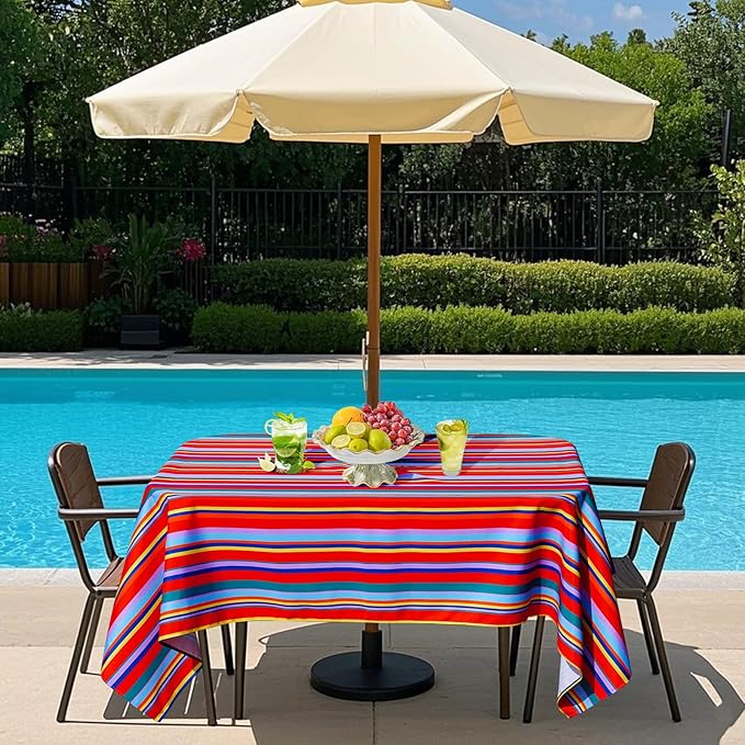Poise3EHome 60X84 Outdoor/Indoor Waterproof Spillproof Rectangle Tablecloth with Umbrella Hole Zipper for Camping, Picnic, Party, Patio Table, Spring, Color Stripe