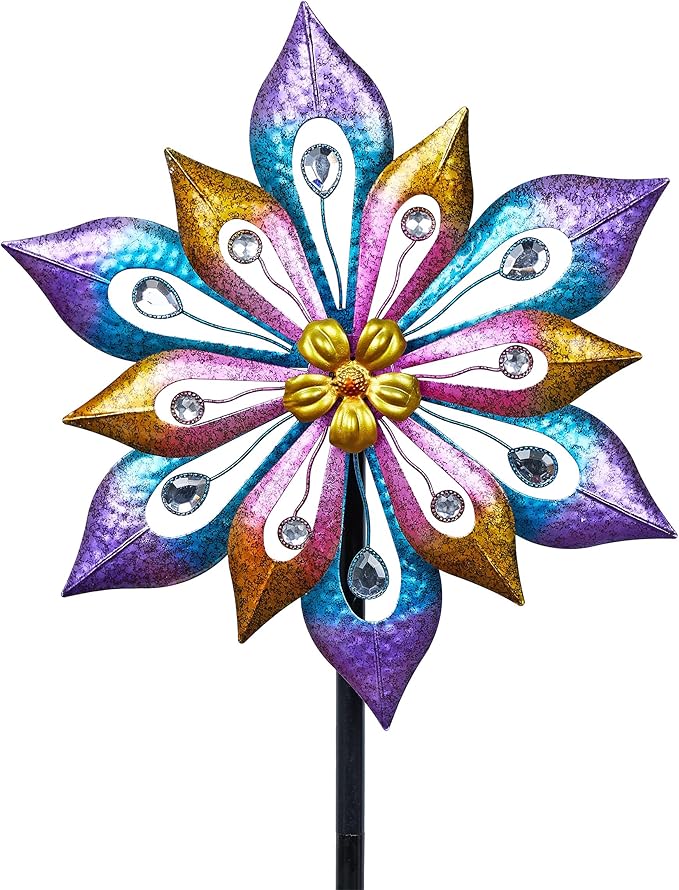 Alpine Corporation SLL2338 Metal Layered Floral Wind Spinner Garden Stake, Colorful Decor for Garden, Patio, & Lawn, 54" H