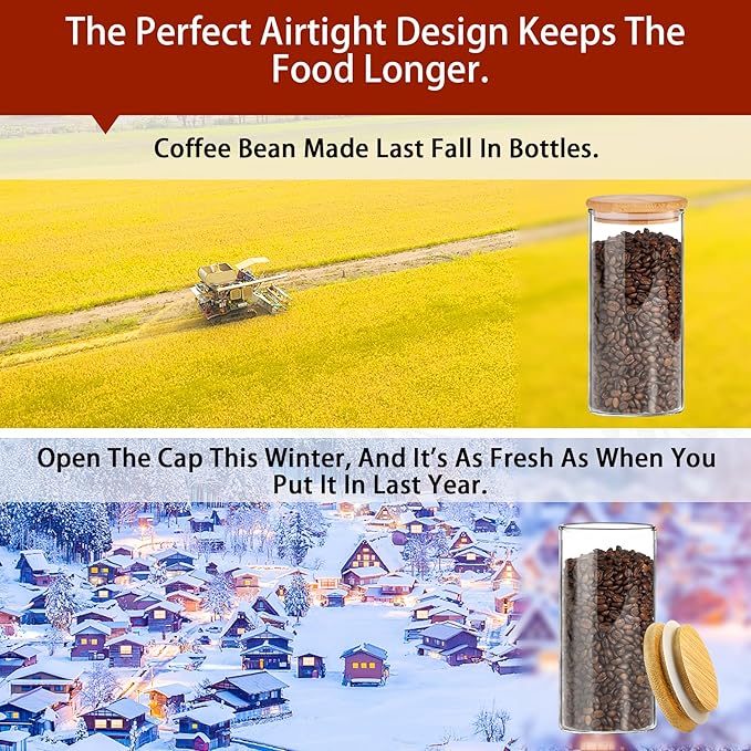 SLifeJars-32 oz Glass Jars with Bamboo Lids 8 pcs Glass Food Storage Containers with Airtight Bamboo Lids, Glass Canisters Stackable Kitchen Pantry bamboo lid for Coffee Beans, Rice, Sugar and More