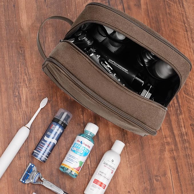 WANDF Travel Toiletry Bag for Men Large Toiletries Shaving Bag Water Resistant Hanging Dopp Kit Travel Accessories Bag for Women Men (Brown)
