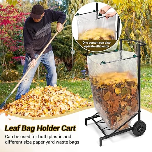 CAROD Trash Bag Holder, Adjustable Metal Leaf Bag Holder from 30-45 Gallon Capacity, Mobile Garbage Bags Cart, Outdoor Garden Leaf Bags Stand for Yard & Lawn Cleanup, Gardening, Camping, Parties