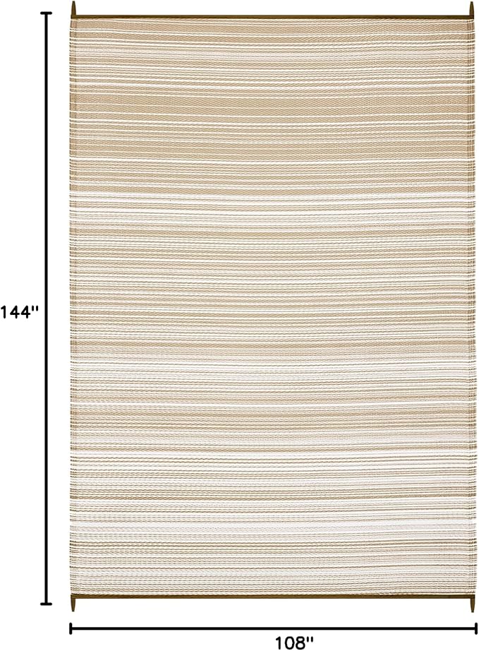 FH Home Outdoor Camping Rug - Waterproof, Fade Resistant, Reversible - Premium Recycled Plastic - Striped - Large Patio, Deck, Sunroom, RV - Havana - Beige - 9 x 12 ft Foldable