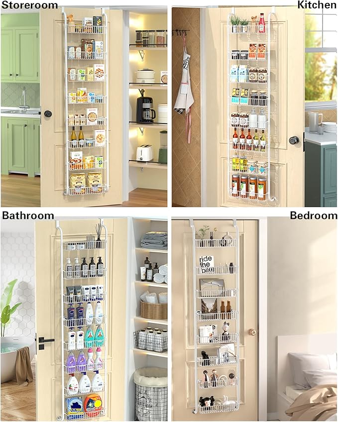 TIMEBAL 8 Tier Over the Door Pantry Organizer, and Storage Rack with 8 Full Baskets, Metal Hanging & Wall Mounted Kitchen Storage Spice Rack, Bathroom Over Door Organizer-White