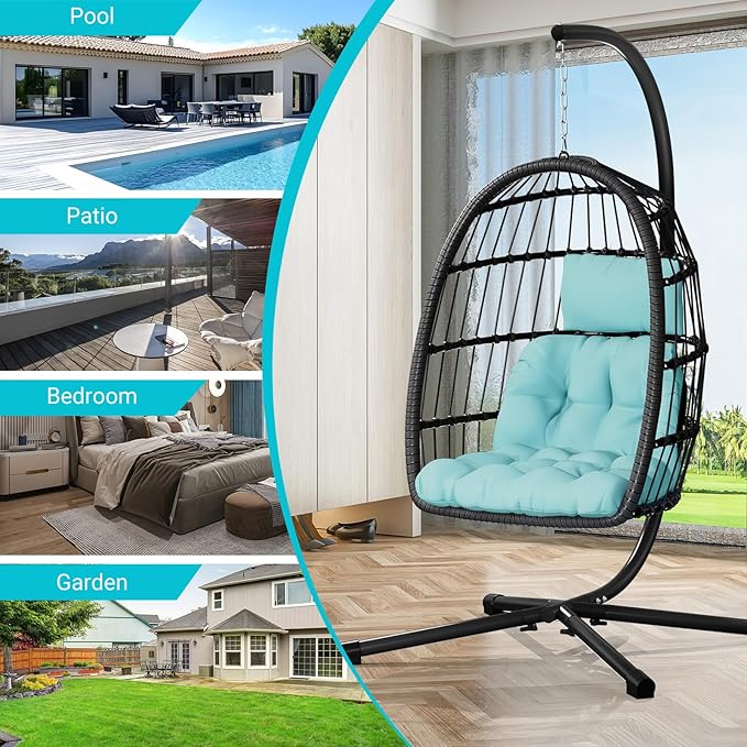 Egg Chair with Stand,Patio Rattan Wicker Hanging Swing Egg Chair Hammock Chair for Bedroom Porch Garden,Thickened Aluminum Alloy Steel Frame and UV Resistant Cushion,350LBS Capacity