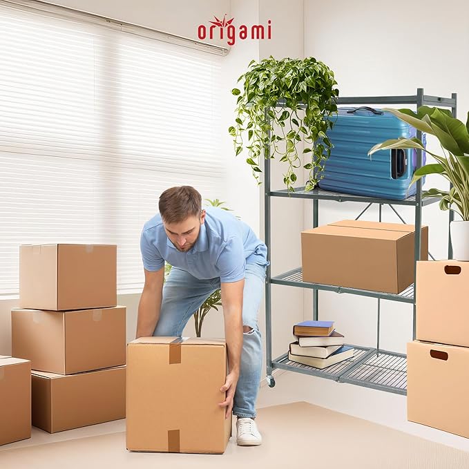 Origami 4-Pack R5 Storage Rack, 4-Tier Heavy-Duty Foldable Steel Shelf with Wheels, Gray