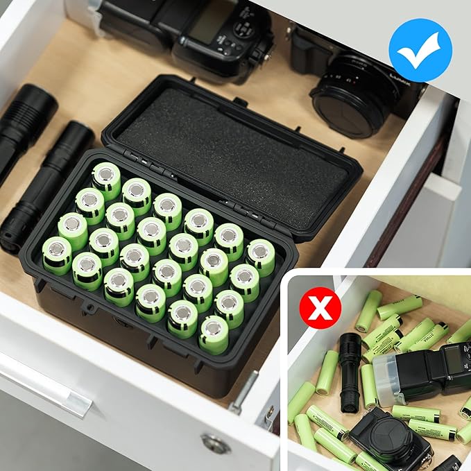 KIWIFOTOS 24 Slots 21700/20700 Battery Storage Case IP67 Waterproof Hard Case Batteries Caddy Organizer Holder for Household & Outdoor Camping (Battery Not Included)