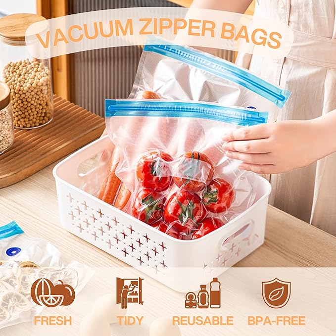 Vacuum Zipper Bags - Space-Saving Food Storage Bags for Vacuum Sealing, Reusable & BPA-Free, Ideal for Travel and Camping, Keeps Food Fresh (7" x 10" 10 count)