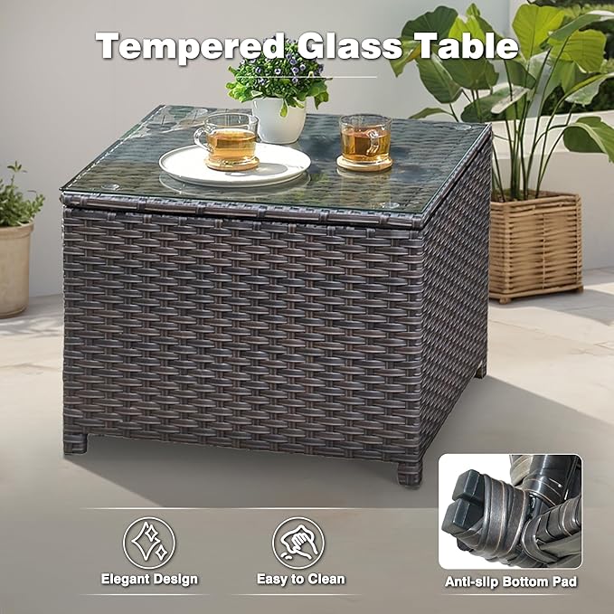 ovios 6 Pieces Patio Furniture Set, Outdoor Wicker Sofas with Glass Coffee Table and Comfy Cushions, All Weather High Back Couch Set for Deck Porch, Brown Rattan, Navy Blue