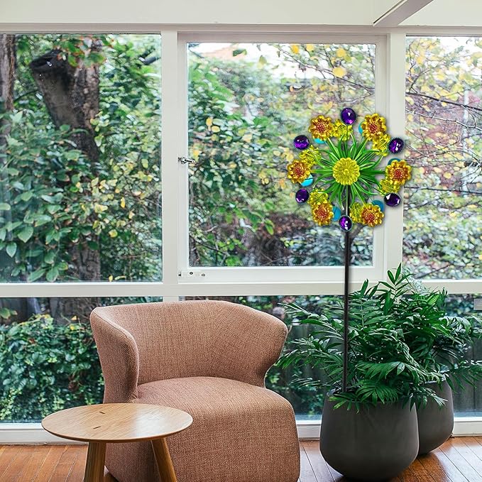 Wind Spinner, Metal Yellow florets and Purple Jewelry 44.25 inch Outdoor Metal Wind Spinners for Patio,Lawn,Garden,Creative Gifts for Women, Double Windmill with Stable Stake