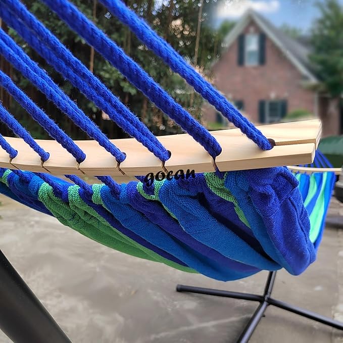 Double Hammock 2 Person Large 220x160cm with Steel Stand and Removable Spreader bar Load 500lb, Canvas Cotton Hammocks for Patio Porch Garden Backyard Outdoor and Indoor, Blue