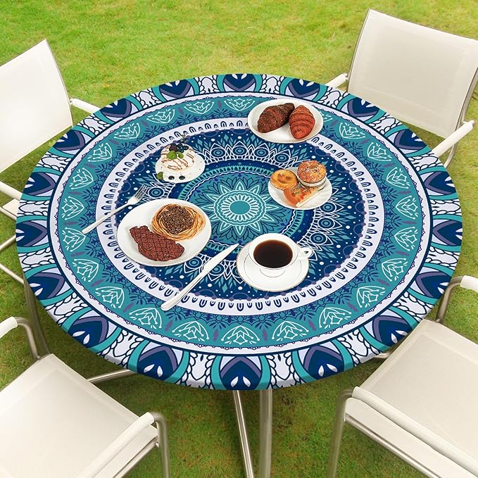 Round Tablecloth Fitted Elastic Table Cover Waterproof Table Cloth for Dinner, Party, Picnic,Camping, Round Table Cover for Indoor Outdoor