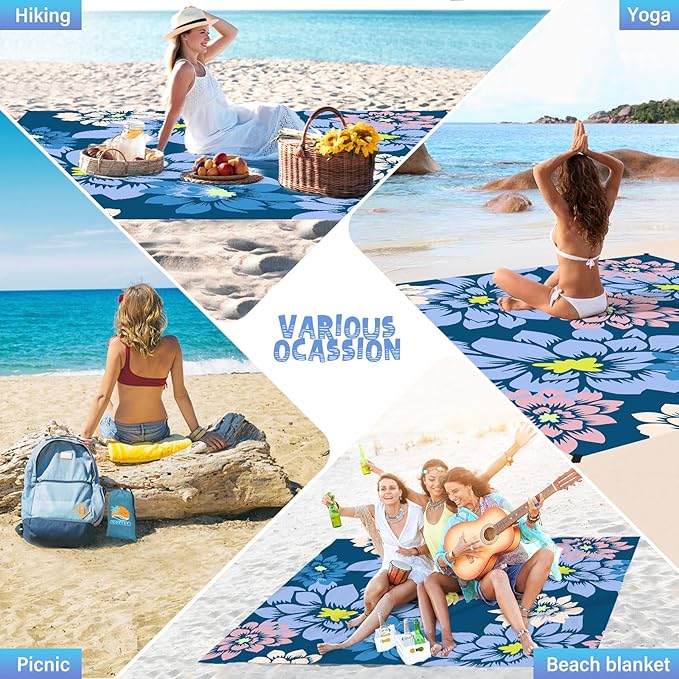 Beach Blanket Waterproof Sandproof 1-7 Adult Oversized 78 '' × 81 '' Lightweight Durable Compact Sand Free Beach Mat for Travel Camping Hiking Picnic Blanket Extra Large