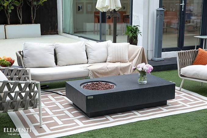 Elementi | Metropolis Gas Fire Pit Cast Concrete 56" Rectangular Fire Table, Outdoor Fire Pit Electronic Ignition | Canvas Cover, Lava Rock Included | Dark Gray (Natural Gas)