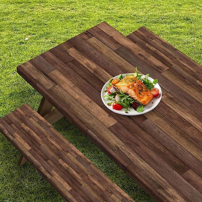 Picnic Table Cover with Bench Covers Elastic Edges, Brown Wood Fitted Table Cover, Outdoor Patio Camping Essentials 96 Inch 3PCS, Waterproof Camping Fitted Tablecloth with Drawstring Bag
