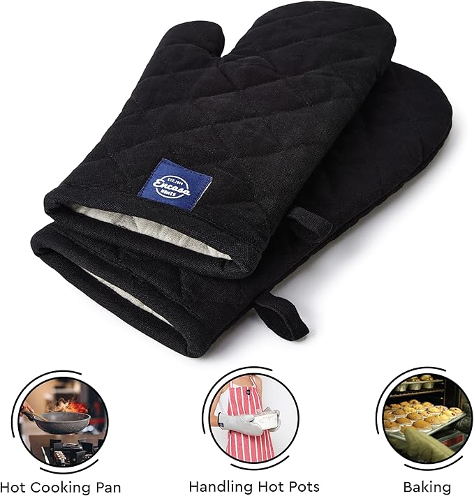 Encasa Heat Resistant Cotton Oven Gloves Mitts (2 Pc Set) - Quilted & Safe 12x7 in - for Kitchen, Cooking & Baking, Grilling, Handling Hot Pots & Pans - Full Black