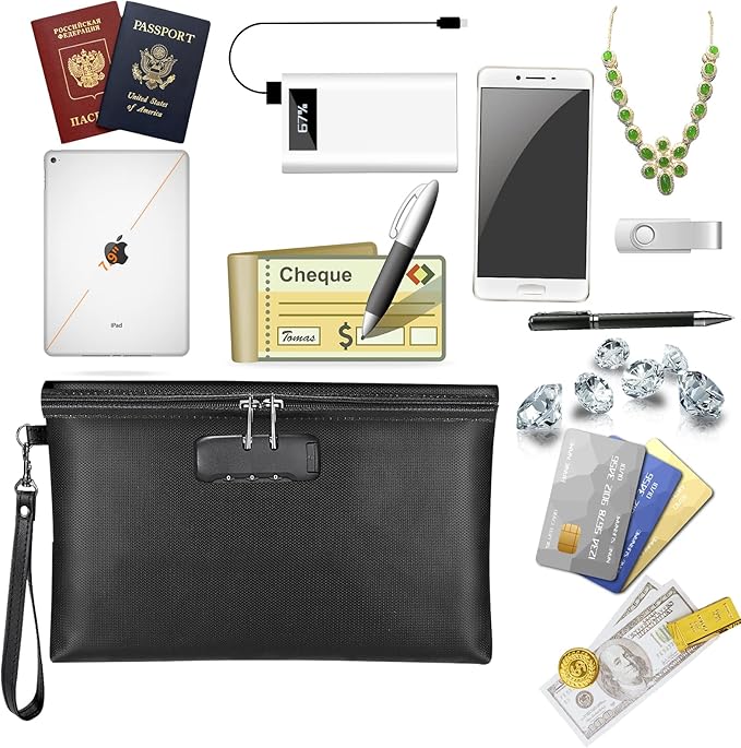 Fireproof Money Bag with Lock, ZOOPIP 11.2"x7.6" Fireproof Cash Bag with Zipper Closure, Storage Pouch for A5 Size Document, Cheque, Cash, Cell Phone, Tablet, Credit Card, Passport, Jewelry (Black)
