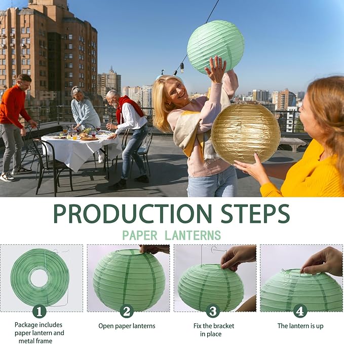 Round Paper Lanterns Decorations, Chinese Paper Lanterns Decorative, Sage Green/Gold/White for Rustic Party Sage Green Birthday Party Bachelorette Engagement Wedding Baby Shower 15pcs