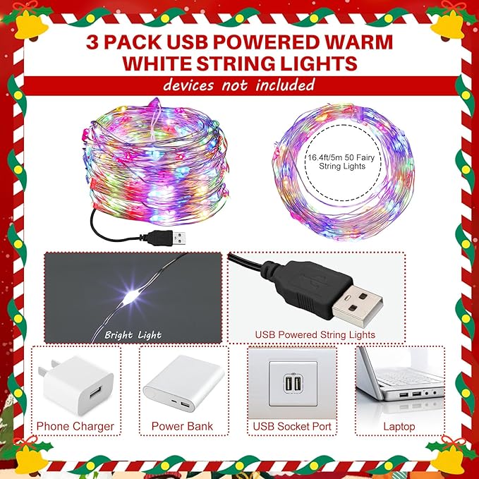 Macarrie 3 Pcs Fairy Lights USB Powered 16 ft 50 LED String Lights Plug in for Xmas Indoor Outdoor Party Wedding Home Festival Tree Garden Decoration (Multicolor)
