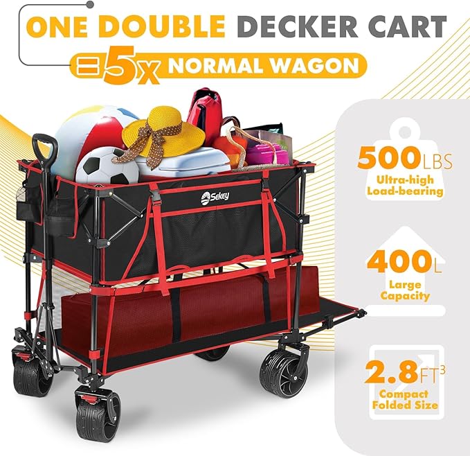 400L Large Capacity Folding Double Decker Wagon with Brakes, 50" Extra Long Extender Cart, 500lbs Heavy Duty Collapsible Wagons, All-Terrain Big Wheels for Camping, Sports, Shopping. Red&Black