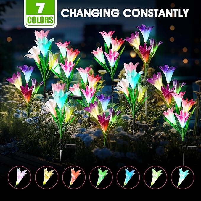8 Pack Solar Garden Lights Outdoor, 7 Color Changing LED Waterproof Solar Powered Lily Flowers Landscape Lights for Outside Yard, Patio, Pathway Decorative, Décor