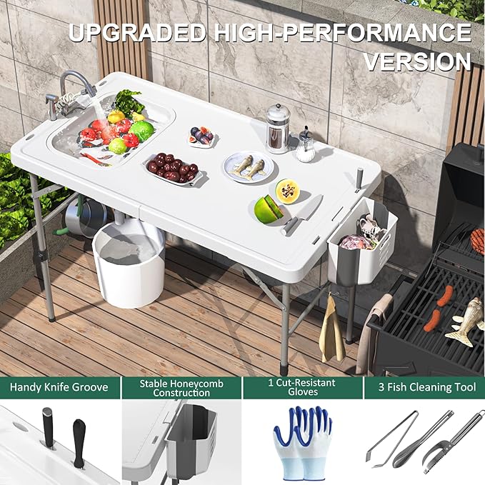 Folding Fish Cleaning Table with Sink, 50"x27" Bi-Folding Portable Camping Sink Station with Drain Hose, Trash Can, Gloves and Cleaning Kits, Foldable Outdoor Sink for Camping, Fishing, BBQ