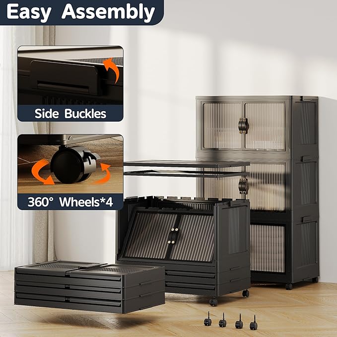 JONZEN 3-Pack 105Qt Black Modern Stackable Storage Bins with Lids, Closet Organizers for Home, Bedroom, Garage & Kitchen