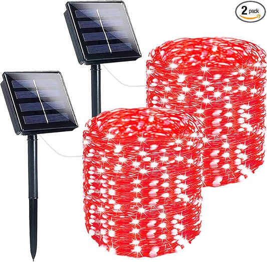 Extra-Long 144FT Solar String Lights for Outside, 2 Pack 400LED Solar Fairy Lights Outdoor, Waterproof Copper Wire with 8 Modes Twinkle Lights for Tree Garden Party Xmas Wedding Decor (Red)