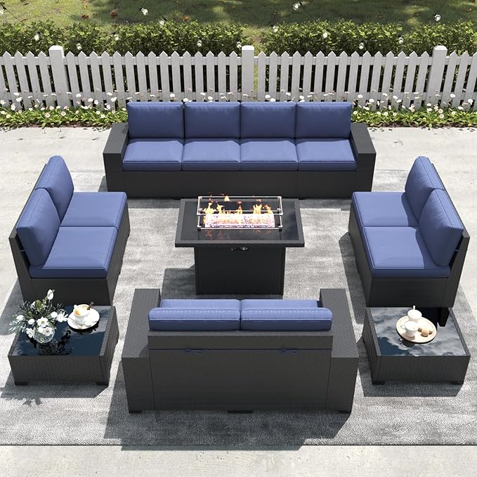 LayinSun 13 Pieces Outdoor Patio Furniture Set with 44" Fire Pit Table Rattan Sectional Sofa Conversation Sets