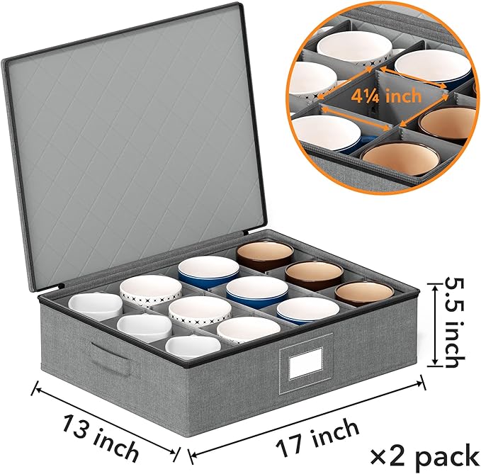 SpaceAid Cup and Mug Storage Organizer 2 Pack, China Storage Containers, Hard Shell Quilted Cases with Soft Plate Separators, Moving Supplies Packing Boxes for 24 Tea Cups or Coffee Mugs (Grey)