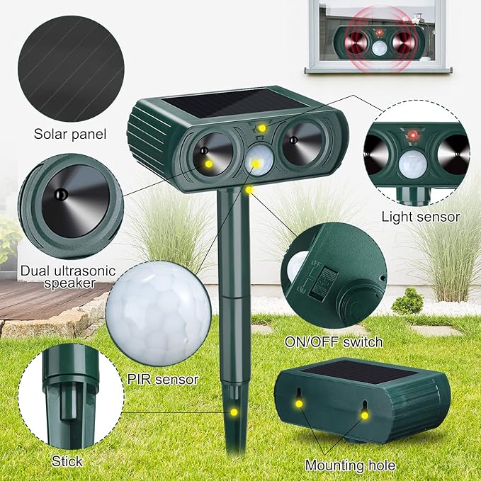 6 Pack Ultrasonic Solar Animal Repeller Waterproof Outdoor Cat Dog Repellent with Motion Sensor for Squirrel Animal Garden Yard Farm