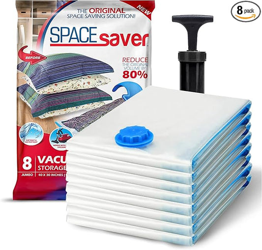 8 Pack Jumbo Vacuum Storage Bags for Comforters, Blankets & Clothes – Jumbo Vacuum Sealed Compression Bags with Hand Pump – Space Saver Storage Bags for Bedding, Moving, Travel & Organization
