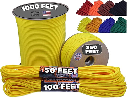 BORED? PARACORD! 550 lb Paracord - Ideal for Crafting, Camping, DIY Projects, Active & Military Outdoors - Strong Survival Rope - Tactical Parachute Cord Type III - Yellow 1000 Feet