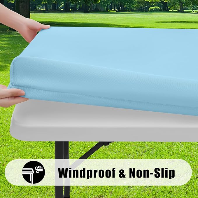 Smiry 2 Pack Rectangle Picnic Table Cloth, Waterproof Elastic Fitted Tablecloths, Washable Polyester Rectangular Patio Table Cover for Camping, Indoor and Outdoor (Light Blue, 30"x96")