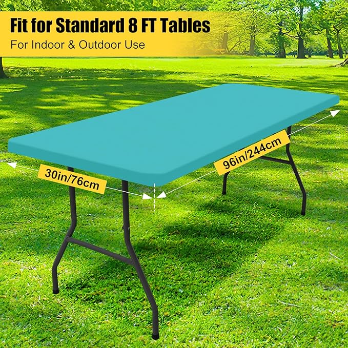 Smiry 2 Pack Rectangle Picnic Table Cloth, Waterproof Elastic Fitted Tablecloths, Washable Polyester Rectangular Patio Table Cover for Camping, Indoor and Outdoor (Turquoise, 30"x96")