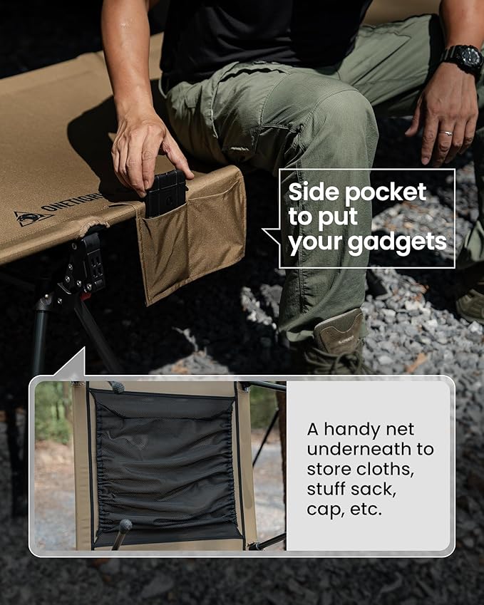 ONETIGRIS SUPRANUBIS Camping Cot, Height Adjustable with Cot Leg Extenders, Strong Support 330lbs, Lightweight Comfortable Folding Bed for Camping, Hiking, Travel, Truck, Beach, Office Nap