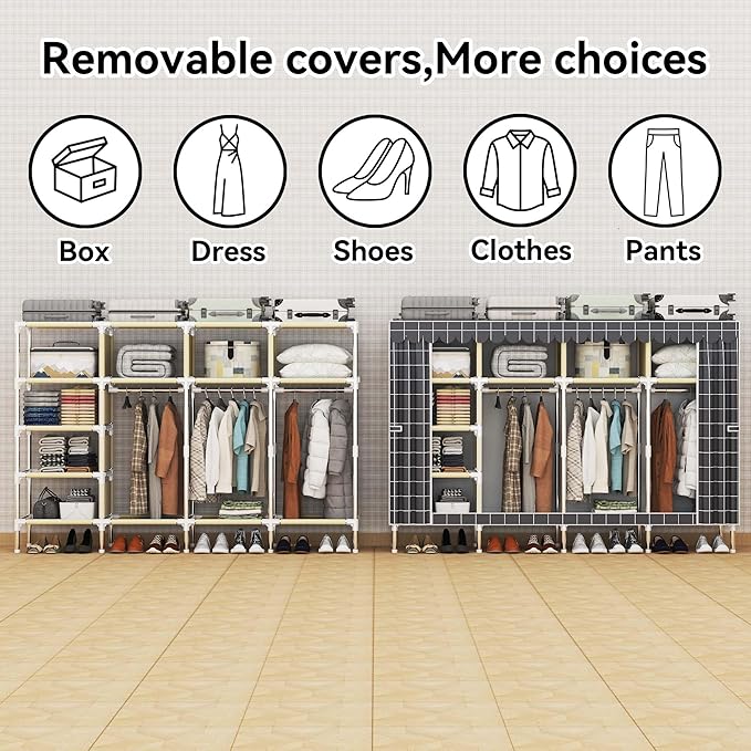 Portable Wardrobe Closet Durable and Easy to Assemble Heavy Duty Clothes Rack with Non-Woven Cover Fabric Best for Bedroom and Easy Storage and Organization (Grey-D)