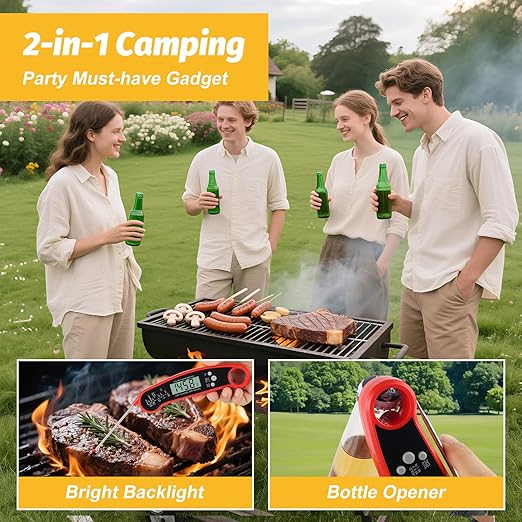 Meat Thermometer Digital, Waterproof Instant Read Cooking Thermometer with LCD Backlight, Magnetic Back & Bottle Opener for Kitchen, Baking, Sous Vide, Outdoor Grilling,Candy Making