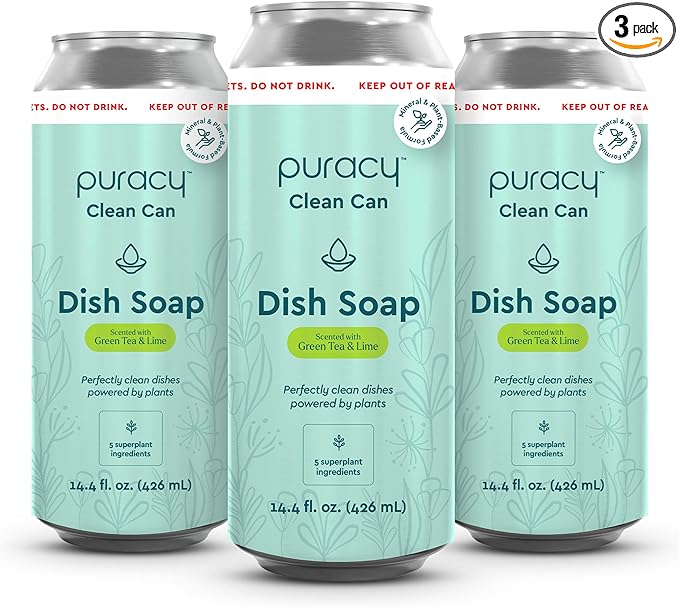 Puracy Natural Dish Soap Clean Can Refill - Plant-Based Dishwashing Soap, Non-Toxic Dish Soap, Natural Liquid Dishwashing Detergent Soap As Seen on TikTok (Green Tea & Lime, 14.4 fl oz, 3 Pack)