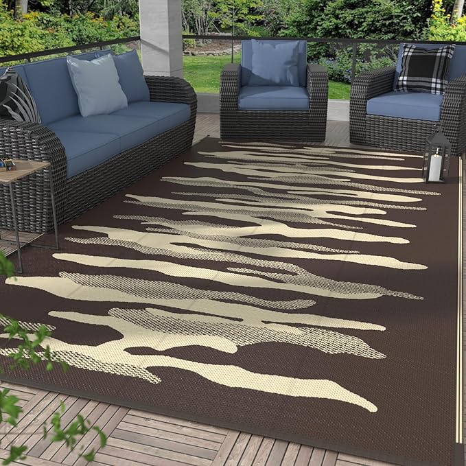 GENIMO Outdoor Rug for Patio Clearance, 6'x9' Waterproof Camping Mat, Reversible Plastic Straw Rugs for RV, Camper, Balcony, Backyard, Picnic, Deck (Coffee&Brown)