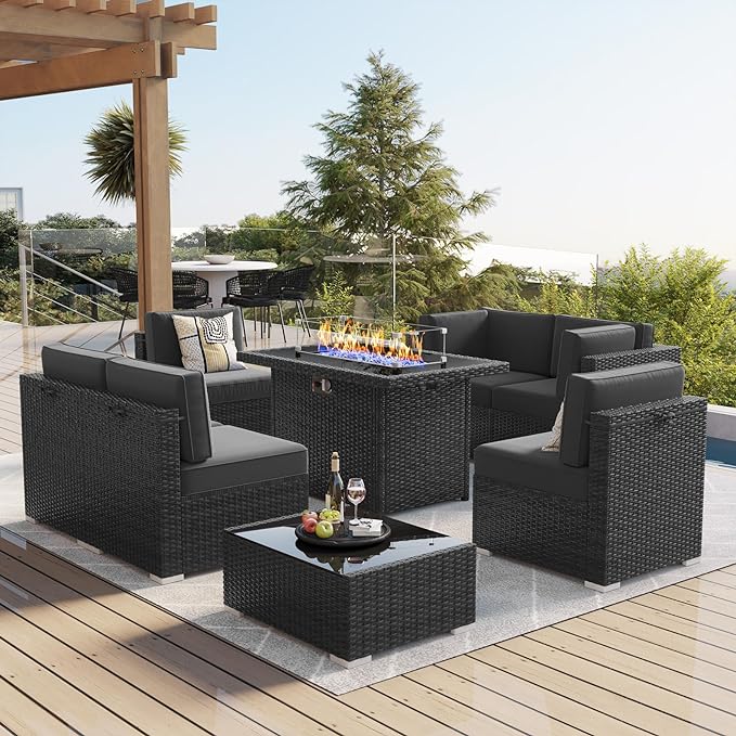 LayinSun 8 Piece Patio Furniture Set with 44" Propane Gas Fire Pit Table, Outdoor Sectional Conversation Set Wicker Rattan Sofa Set with Coffee Table